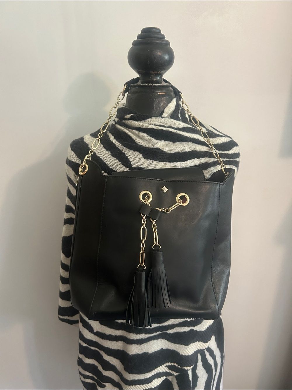 Antonio Melani Black Leather Tassel Chain Shoulder Bag